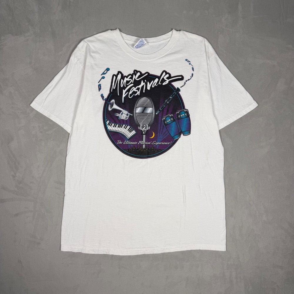 90s Mens Hanes Music Festivals Graphic Tee Retro Streetwear White Size M